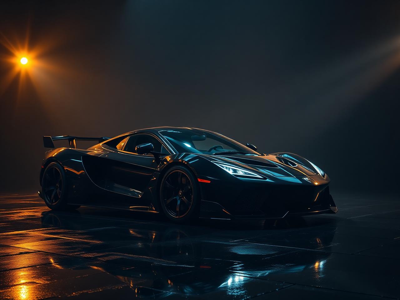 Black supercar lit in a dark studio