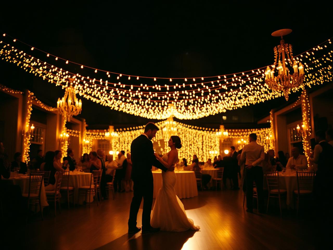 Wedding reception under warm string lights