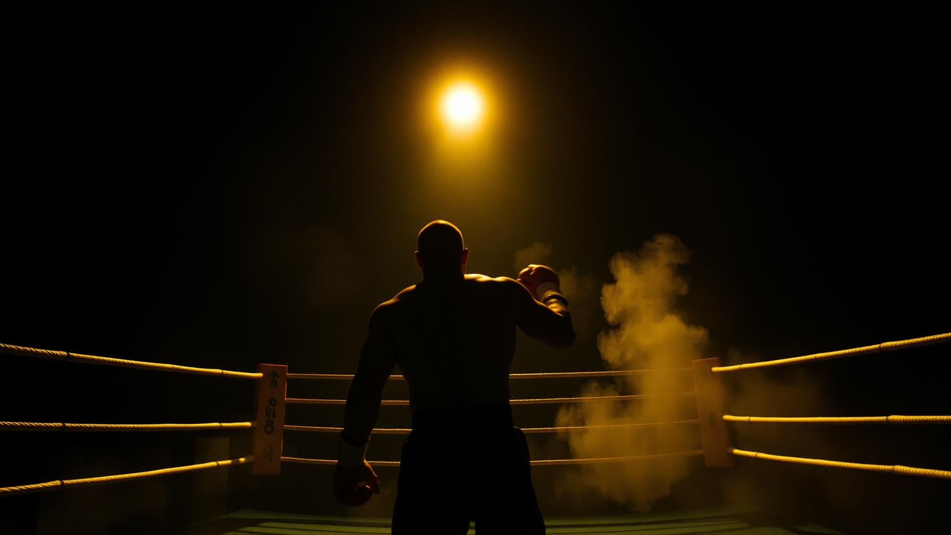 Boxer under a single gold spotlight in a dark ring