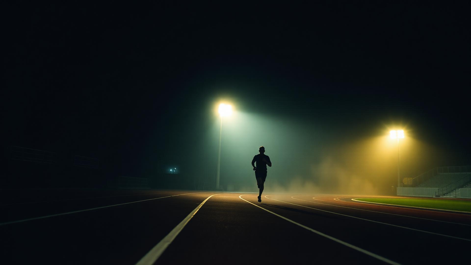 Runner on a dark track at night under floodlights