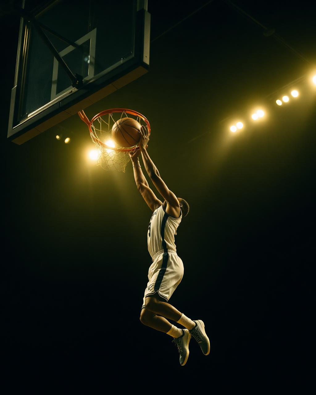 Basketball player dunking under arena lights