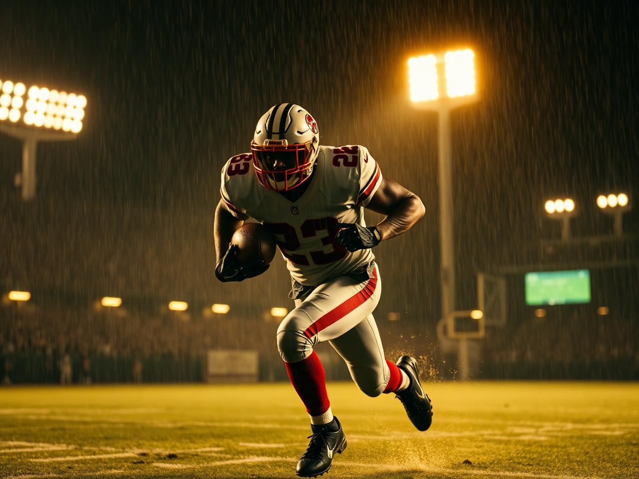 Football player sprinting in the rain at night